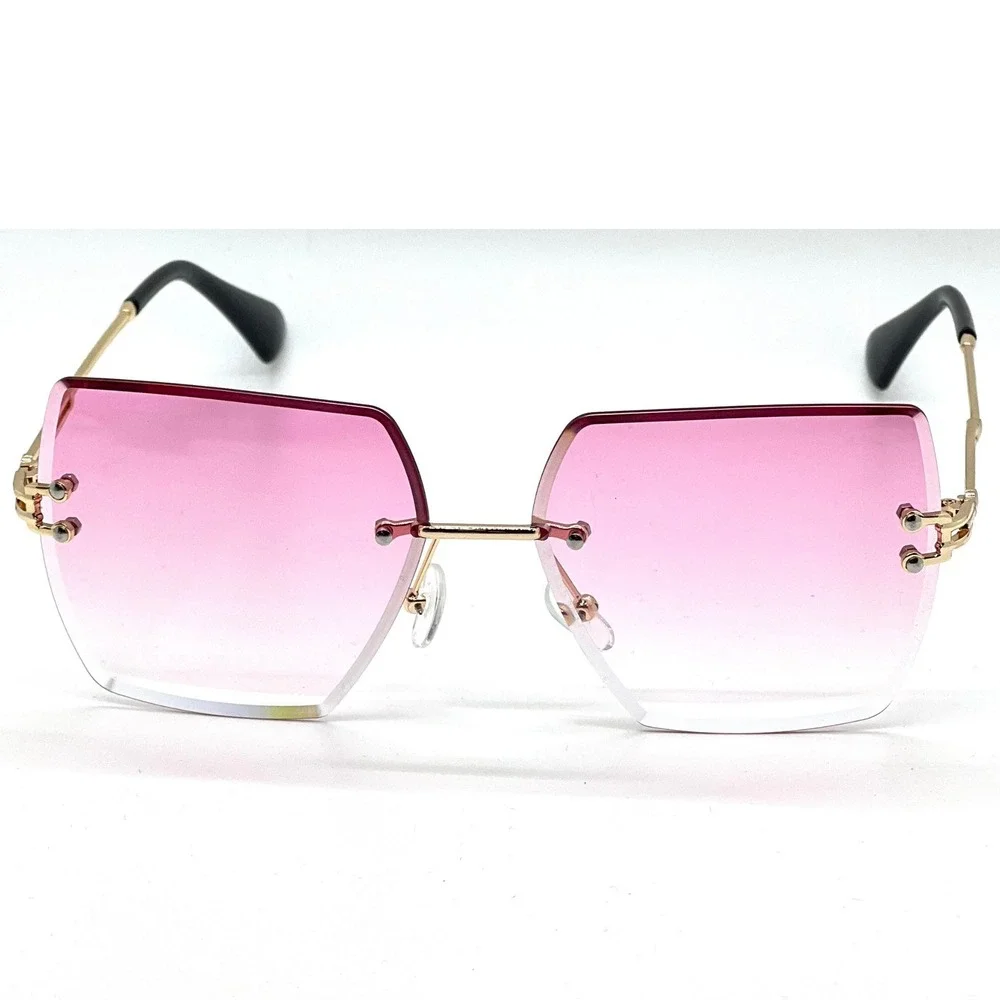 Rimless Sunglasses‎ Women Fashion Pink Lens Trendy Elegant Gold Accents Lentes